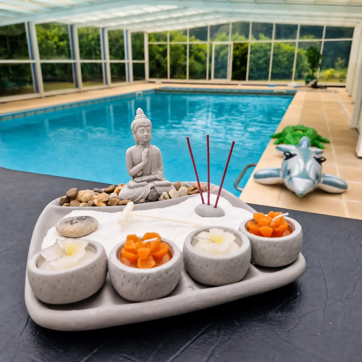 The covered pool seen past a stone candle tray on the deck