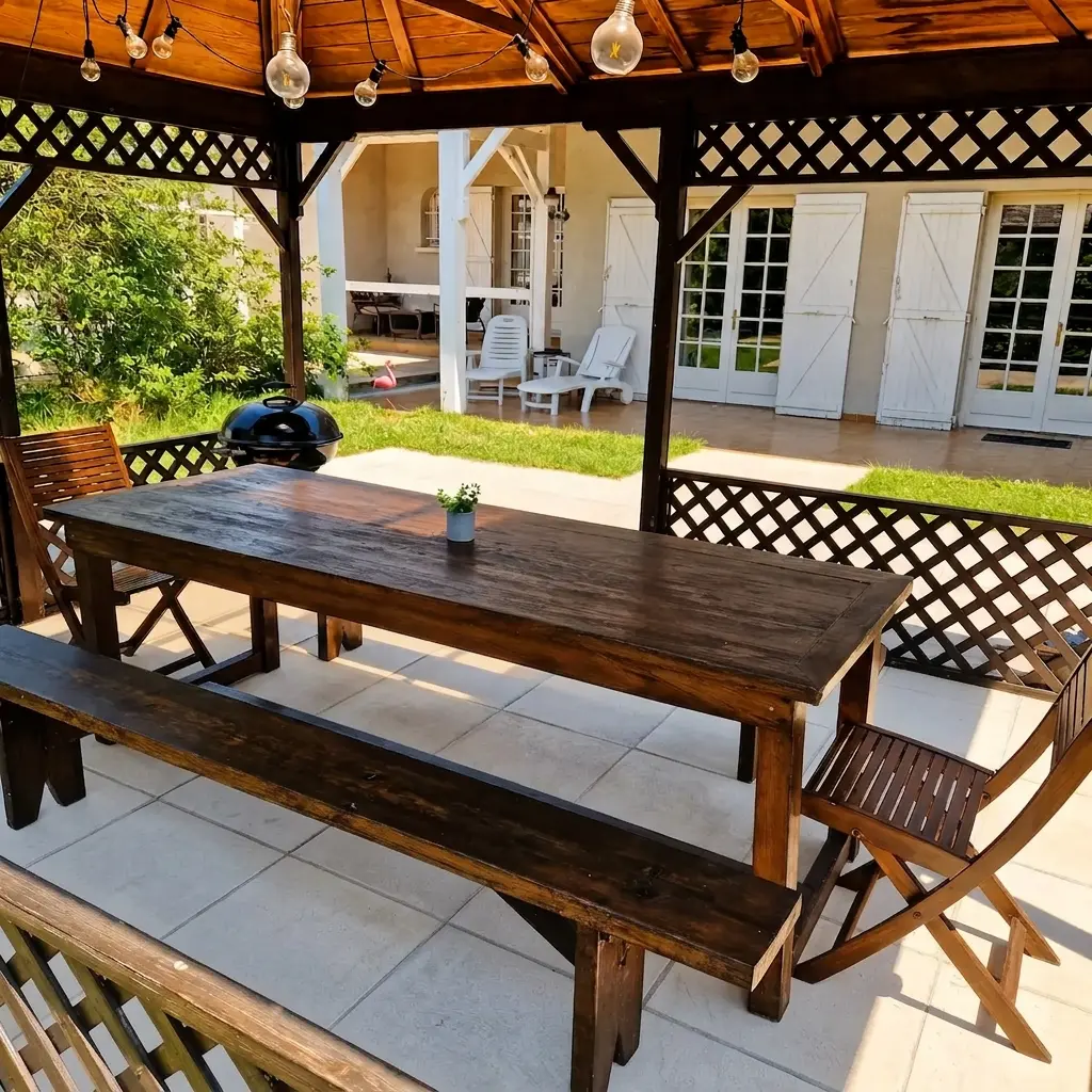 A covered wooden pergola with a long dark stained table and festoon lights overhead