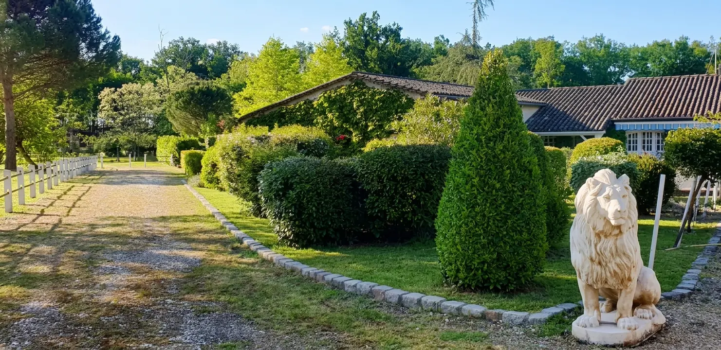 The stone lion statue and gravel driveway lined with clipped hedges near the entrance