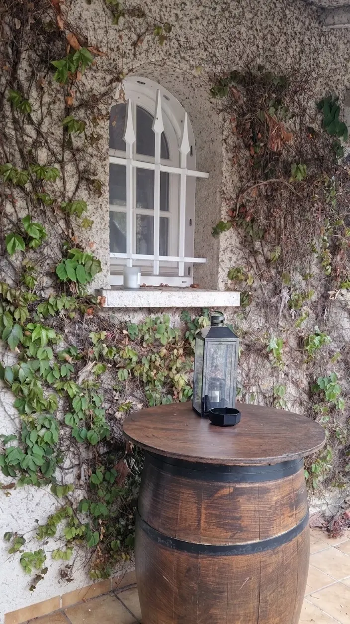 An arched window in the creeper-covered wall, with a wine barrel repurposed as a small table below