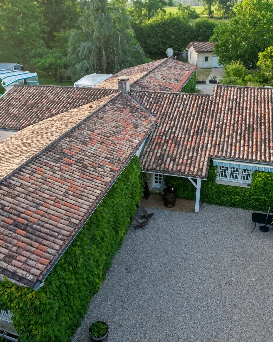 A close aerial view of the tiled rooflines and gravel courtyard at golden hour