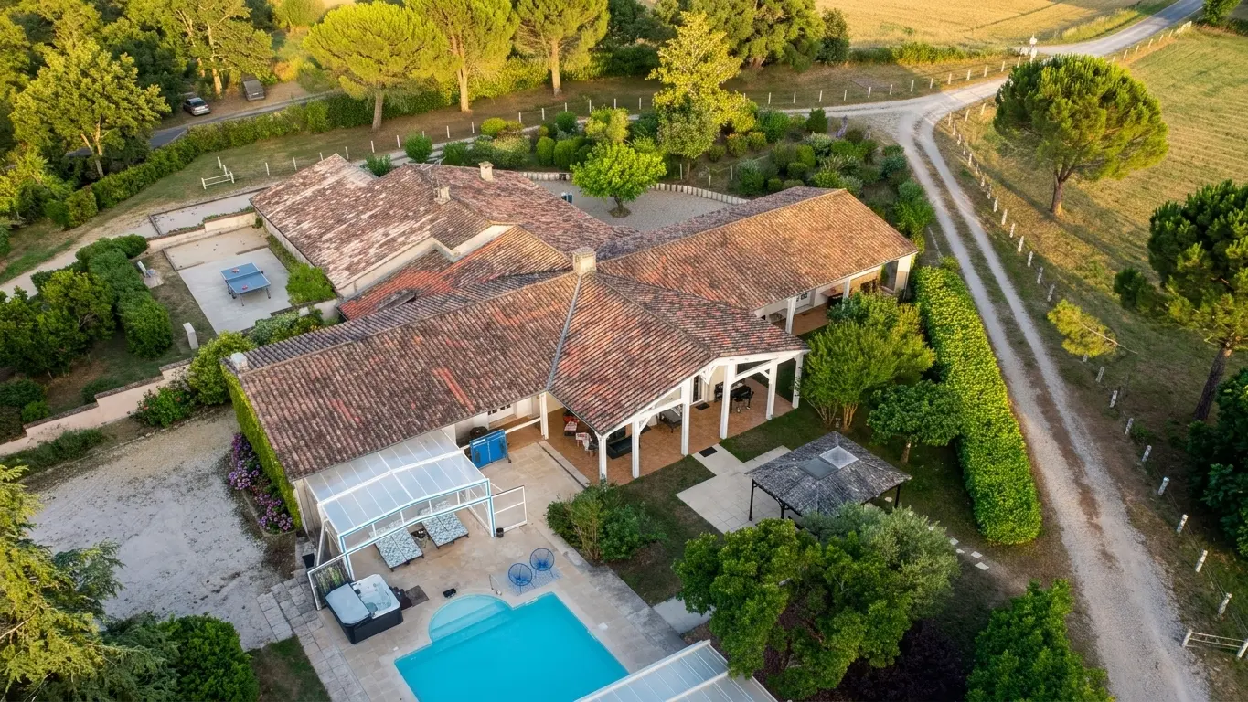 Aerial view of the estate at golden hour, showing the tiled roofline, open pool and surrounding grounds