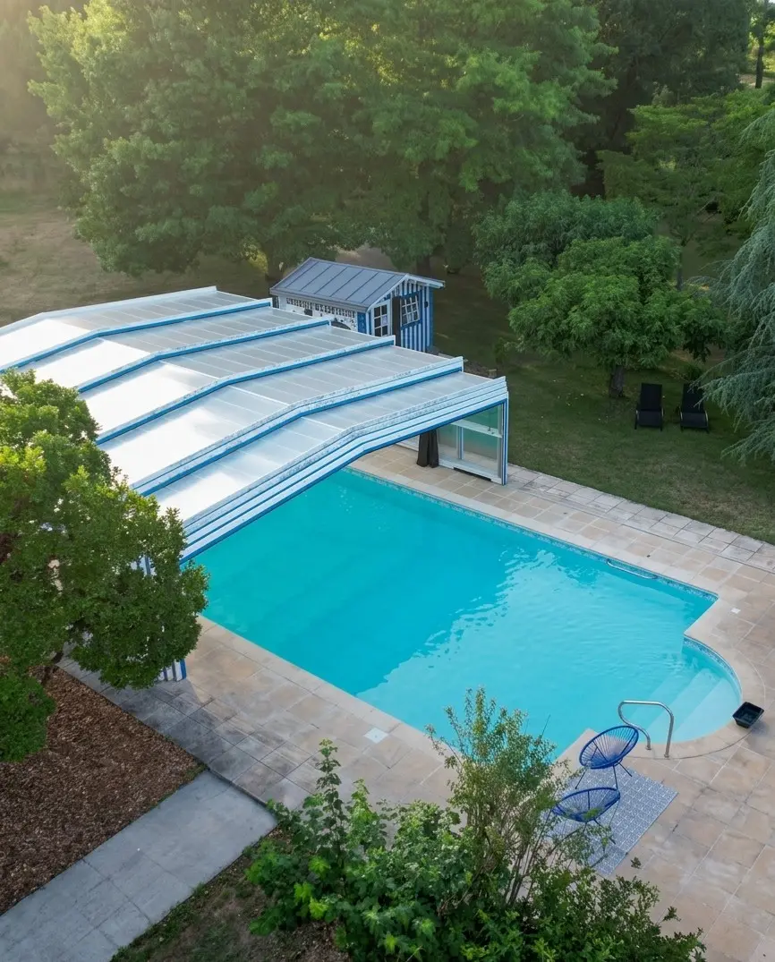 An aerial view of the open-air pool and sun terrace