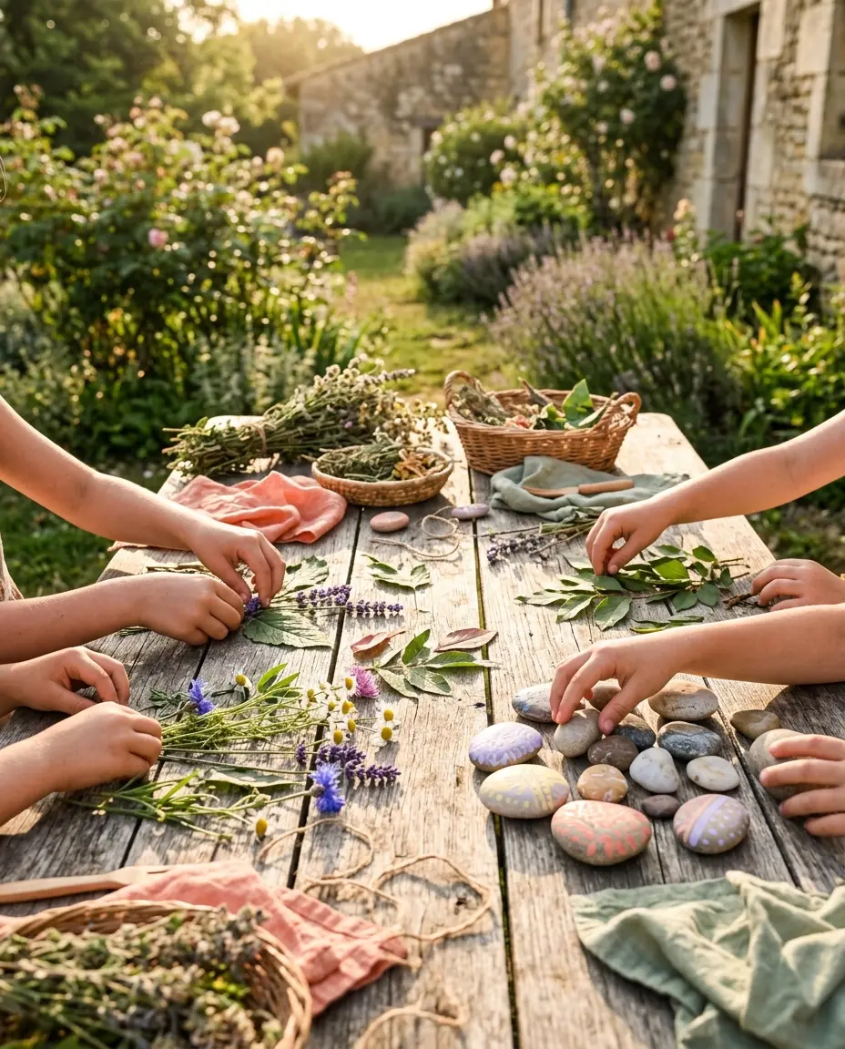 Children's hands arranging lavender, herbs, and painted stones on an outdoor wooden table in golden light