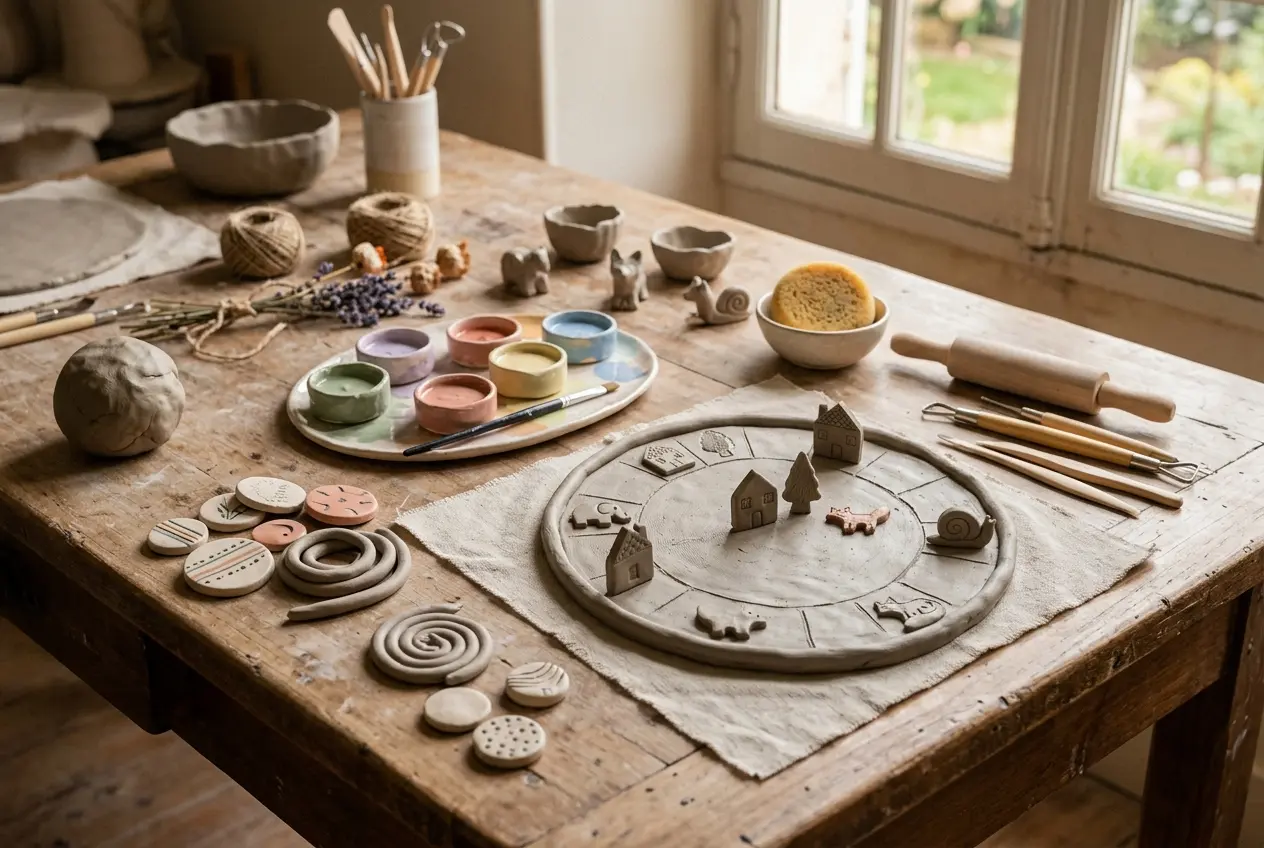 Clay-modelling tools, pastel paint pots, and small handmade clay figures laid out on a wooden table
