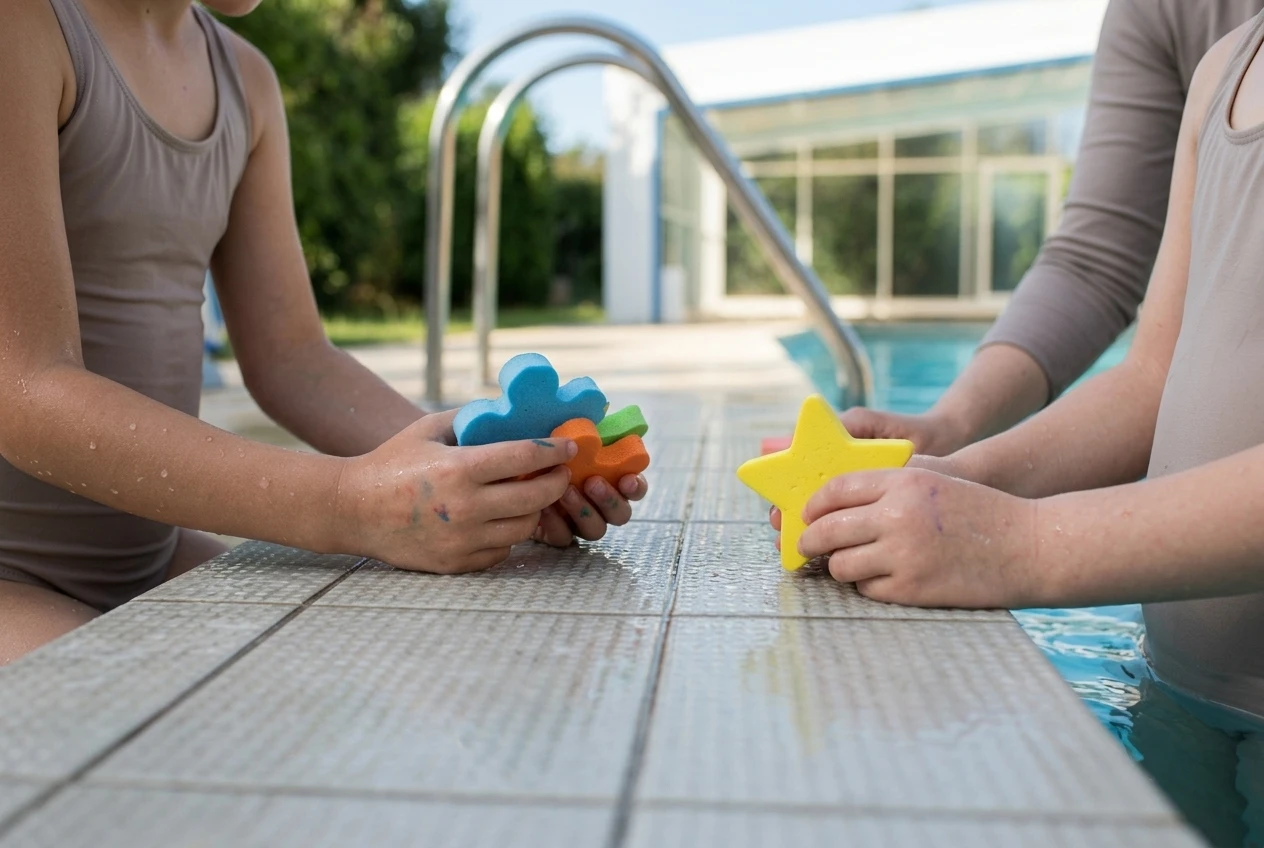 Two children's hands holding colourful foam shapes at the edge of a swimming pool